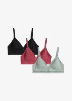 bonprix Baumwollunterwäsche|Nachhaltigere Materialien^BH ohne Bügel mit Bio-Baumwolle (3er Pack) schwarz + graugrün + waldbeere