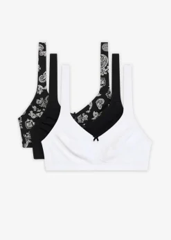 bonprix Wäsche·Baumwollunterwäsche|Wäsche·Große Cups D-H^BH ohne Bügel mit Bio-Baumwolle (3er Pack) schwarz paisley+wollweiß+schwarz