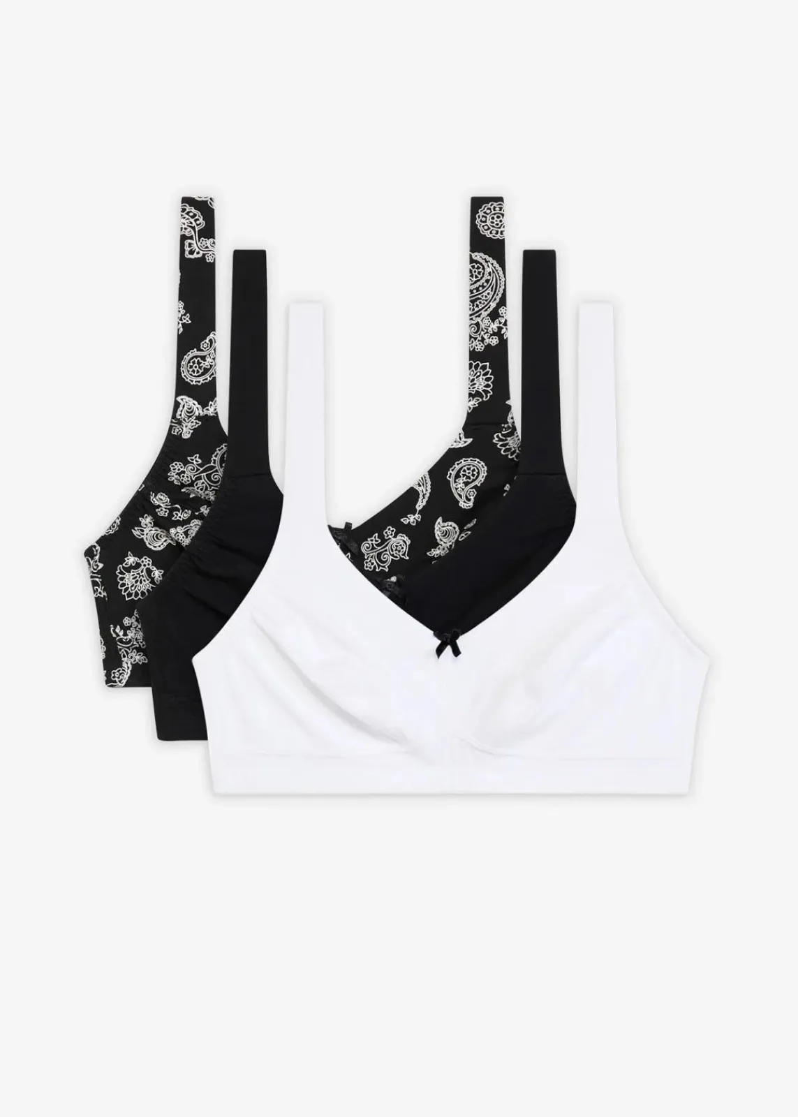bonprix Wäsche·Baumwollunterwäsche|Wäsche·Große Cups D-H^BH ohne Bügel mit Bio-Baumwolle (3er Pack) schwarz paisley+wollweiß+schwarz