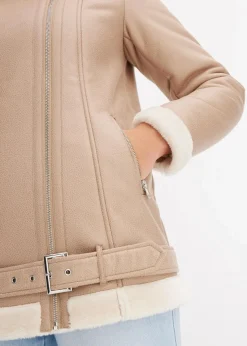 bonprix Jacken & Mäntel^Biker-Jacke aus Lammfellimitat naturstein/creme