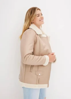 bonprix Jacken & Mäntel^Biker-Jacke aus Lammfellimitat naturstein/creme