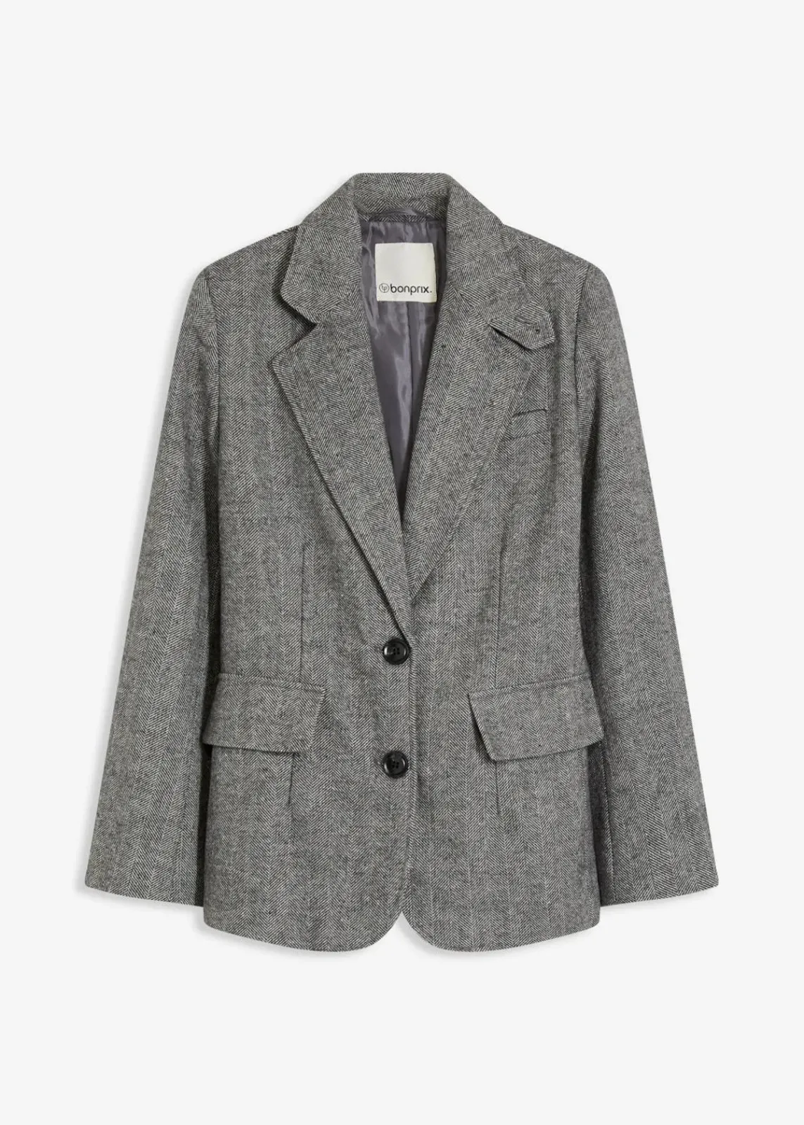 bonprix Blazer|Bekleidung·Basics^Blazer mit Fischgratmuster und Wollanteil dunkelgrau meliert