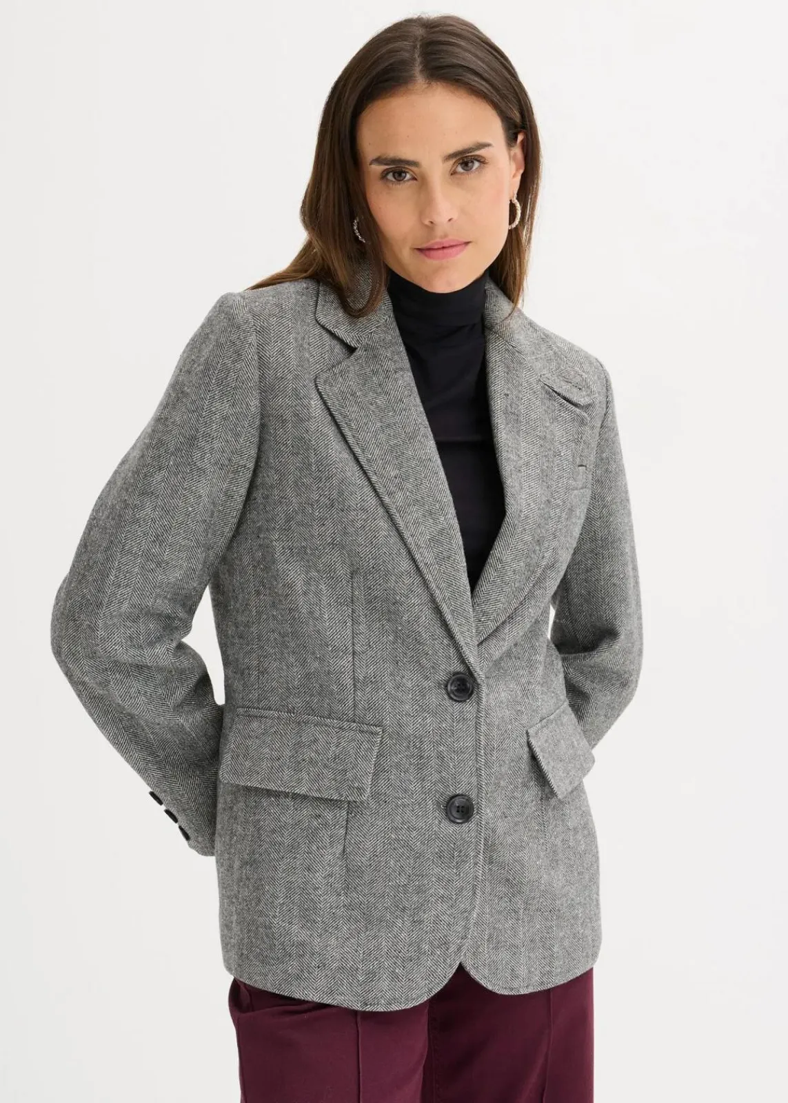 bonprix Blazer|Bekleidung·Basics^Blazer mit Fischgratmuster und Wollanteil dunkelgrau meliert