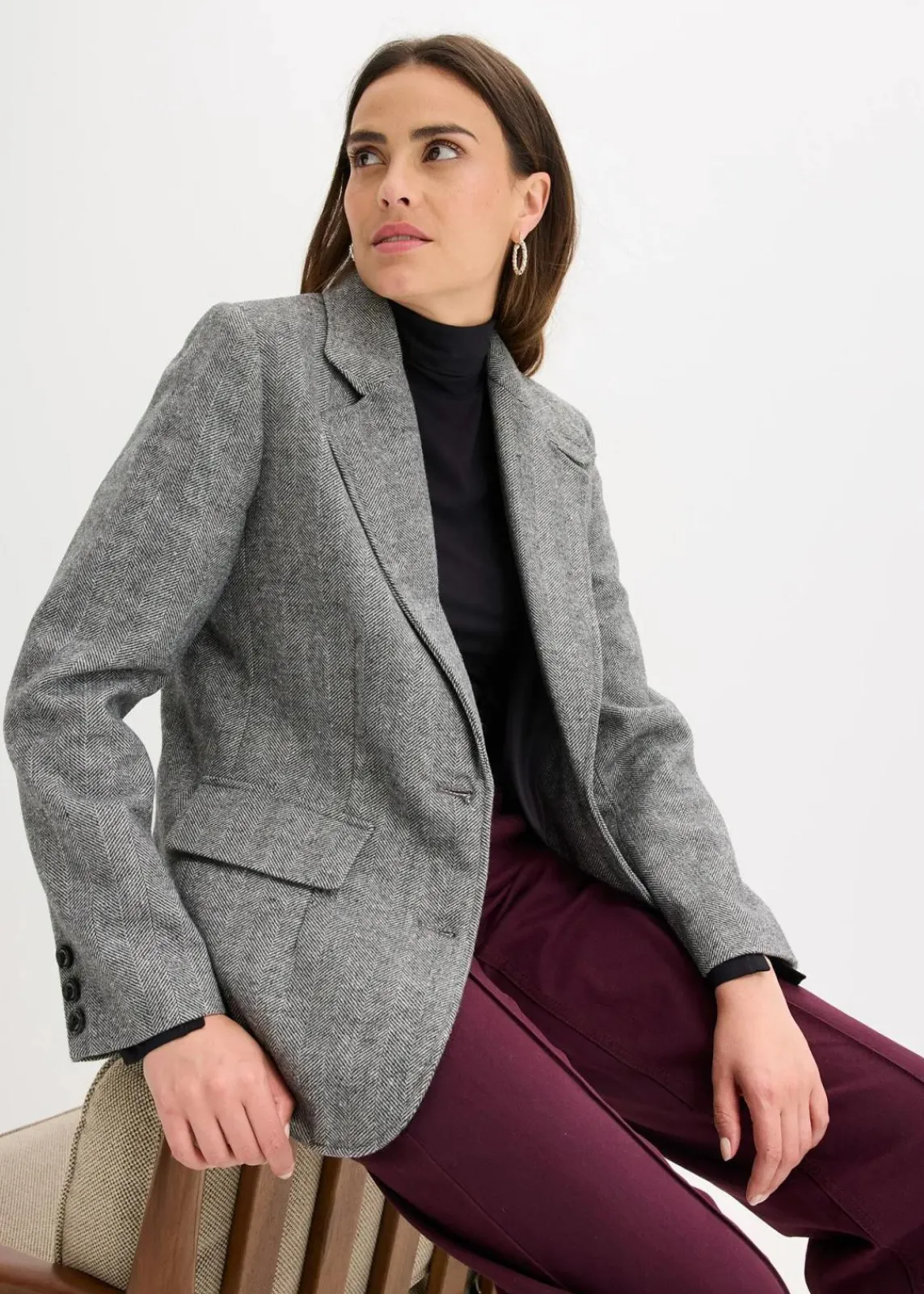 bonprix Blazer|Bekleidung·Basics^Blazer mit Fischgratmuster und Wollanteil dunkelgrau meliert