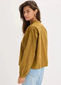 bonprix Bekleidung·Jacken & Mäntel|Blusen & Tuniken^Bluse aus Baumwolle mit Spitzen-Details mistelgrün