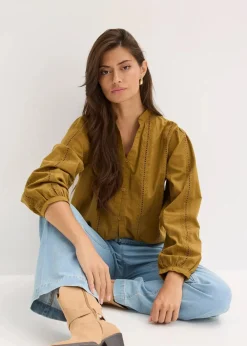 bonprix Bekleidung·Jacken & Mäntel|Blusen & Tuniken^Bluse aus Baumwolle mit Spitzen-Details mistelgrün