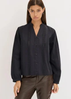 bonprix Blusen & Tuniken|Bekleidung·Jacken & Mäntel^Bluse aus Baumwolle mit Spitzen-Details schwarz