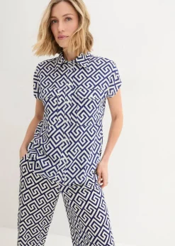 bonprix Nachhaltigere Materialien|Blusen & Tuniken^Bluse aus fließender Viskose mitternachtsblau/natur bedruckt