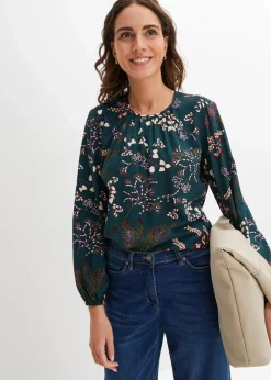 bonprix Bekleidung·Jacken & Mäntel|Nachhaltigere Materialien^Bluse aus nachhaltiger Viskose tiefgrün geblümt