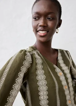 bonprix Bekleidung·Jacken & Mäntel|Premium^Bluse aus reinem Leinen dunkeloliv/kieselbeige