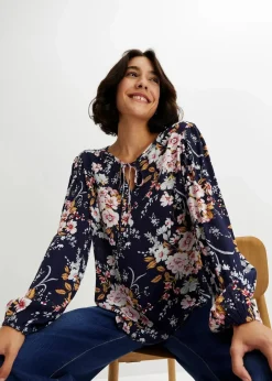 bonprix Bekleidung·Jacken & Mäntel|Nachhaltigere Materialien^Bluse aus reiner Viskose dunkelblau floral
