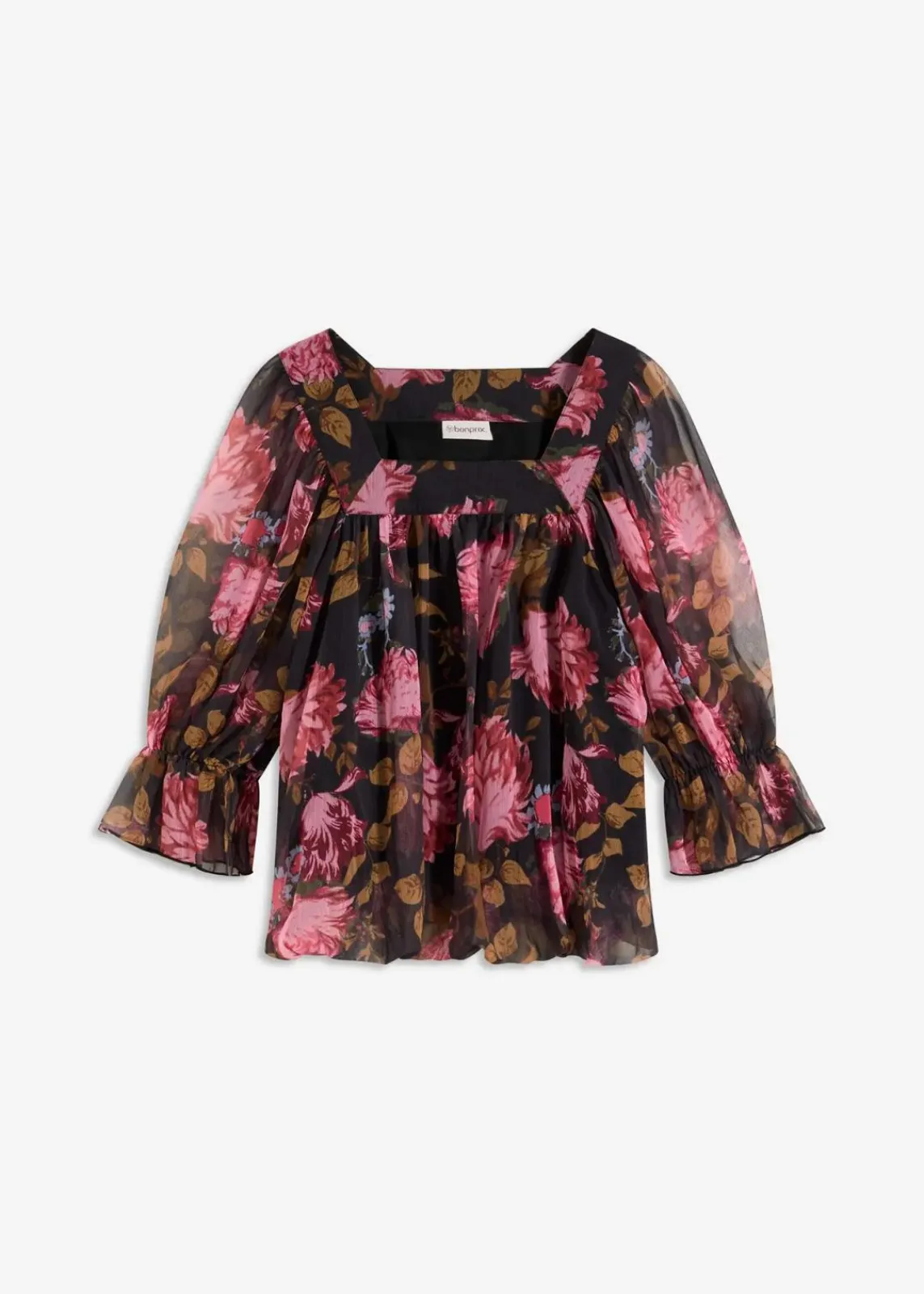 bonprix Blusen & Tuniken|Bekleidung·Jacken & Mäntel^Bluse mit Ballonsaum schwarz geblümt