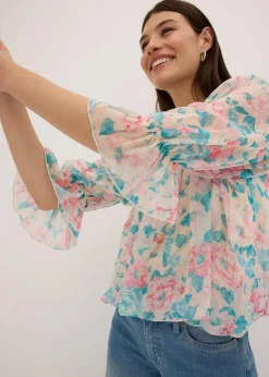 bonprix Bekleidung·Jacken & Mäntel|Blusen & Tuniken^Bluse mit Ballonsaum beige geblümt