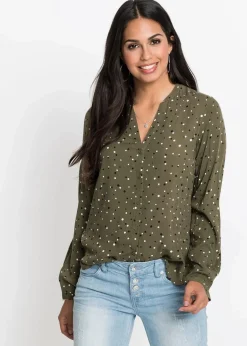 bonprix Nachhaltigere Materialien|Blusen & Tuniken^Bluse mit Pünktchen dunkeloliv gepunktet