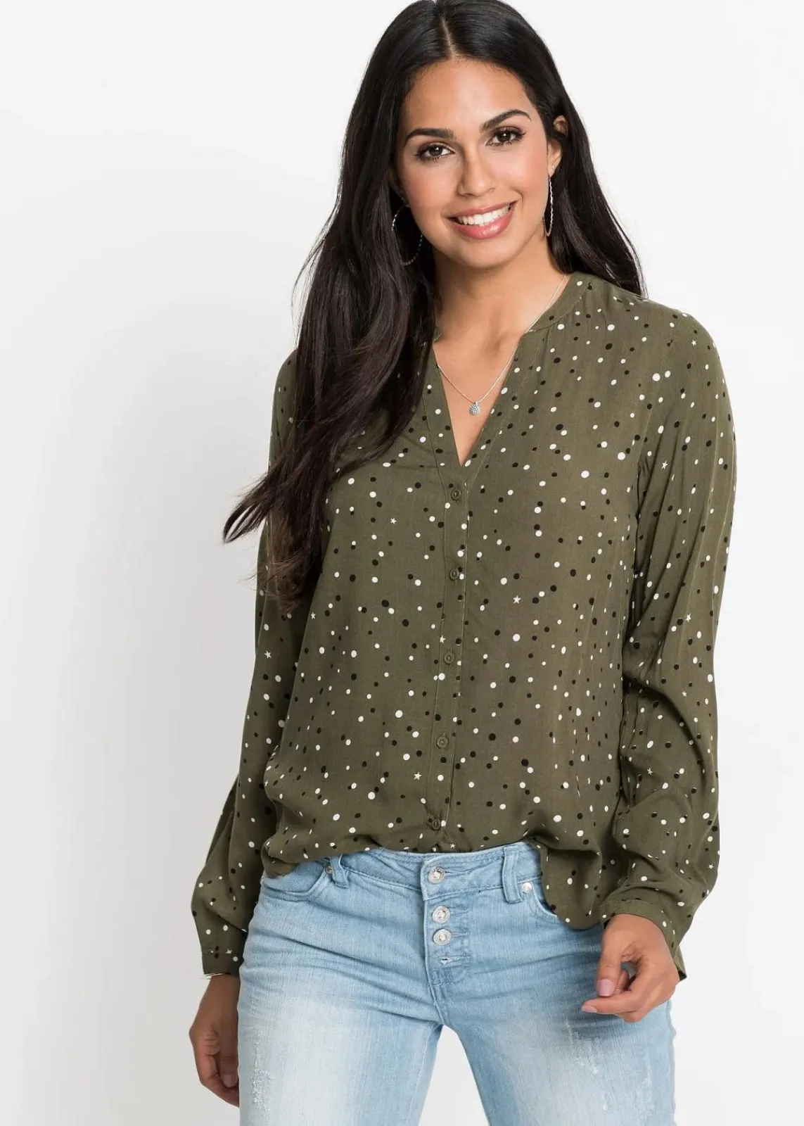 bonprix Nachhaltigere Materialien|Blusen & Tuniken^Bluse mit Pünktchen dunkeloliv gepunktet