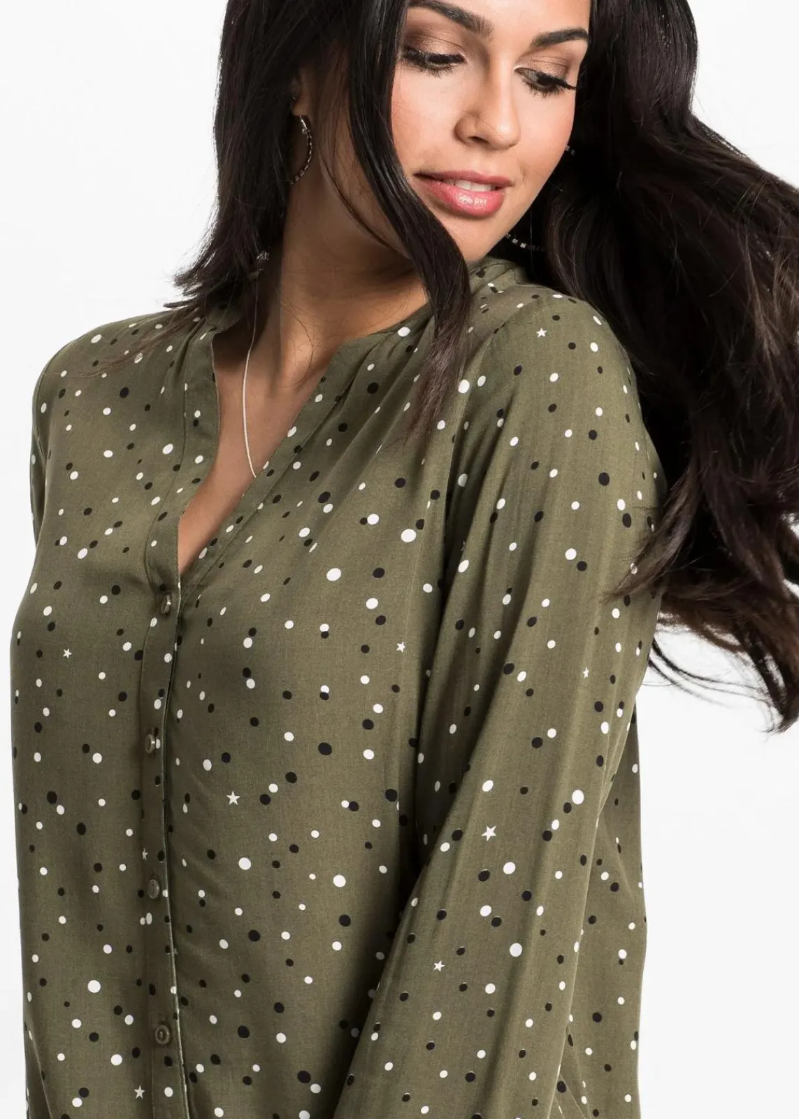 bonprix Nachhaltigere Materialien|Blusen & Tuniken^Bluse mit Pünktchen dunkeloliv gepunktet