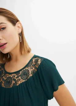 bonprix Bekleidung·Jacken & Mäntel|Blusen & Tuniken^Bluse mit Spitze tiefgrün