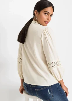 bonprix Bekleidung·Jacken & Mäntel|Blusen & Tuniken^Bluse mit Spitze aus softem Viskose-Mix wollweiß