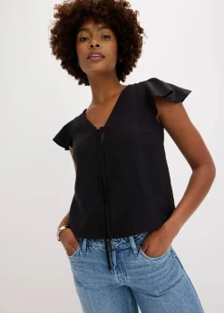 bonprix Zweiteiler & Sets|Blusen & Tuniken^Bluse mit Volantärmeln in Glanzoptik schwarz