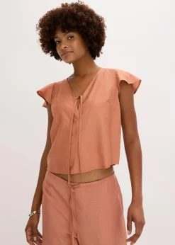 bonprix Blusen & Tuniken|Zweiteiler & Sets^Bluse mit Volantärmeln in Glanzoptik cognac