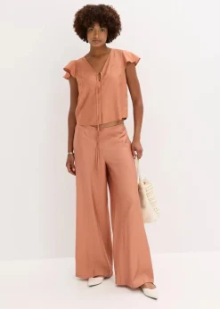 bonprix Blusen & Tuniken|Zweiteiler & Sets^Bluse mit Volantärmeln in Glanzoptik cognac