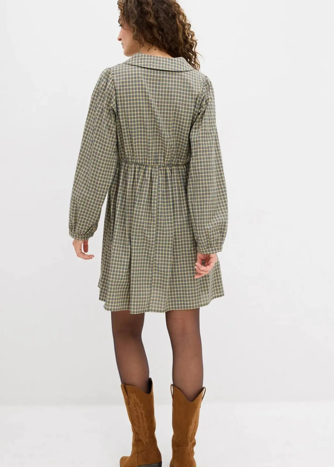 bonprix Kleider^Blusenkleid aus Baumwoll-Mix oliv/blau kariert