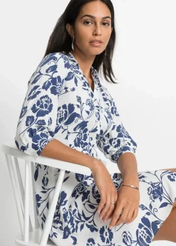 bonprix Kurzgrößen|Bekleidung·Pullover & Strickjacken^Blusenkleid aus fließender Viskose wollweiß/mitternachtsblau geblümt