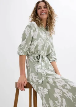 bonprix Kleider|Bekleidung·Pullover & Strickjacken^Blusenkleid aus fließender Viskose seegras/wollweiß bedruckt