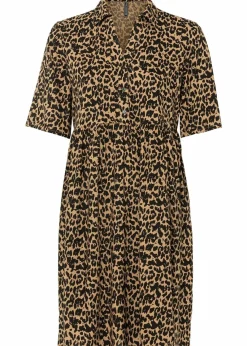 bonprix Kleider|Nachhaltigere Materialien^Blusenkleid aus fließender Viskose eiskaffee / schwarz leo bedruckt