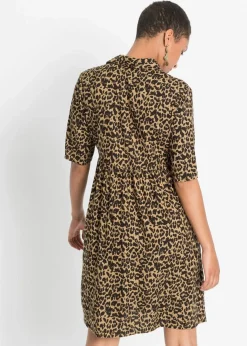 bonprix Kleider|Nachhaltigere Materialien^Blusenkleid aus fließender Viskose eiskaffee / schwarz leo bedruckt