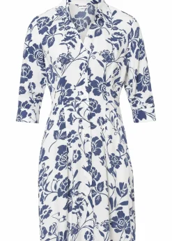bonprix Kleider|Kurzgrößen^Blusenkleid aus fließender Viskose wollweiß/mitternachtsblau geblümt