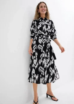 bonprix Bekleidung·Pullover & Strickjacken|Kleider^Blusenkleid aus fließender Viskose schwarz/wollweiß bedruckt