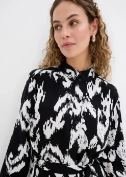 bonprix Bekleidung·Pullover & Strickjacken|Kleider^Blusenkleid aus fließender Viskose schwarz/wollweiß bedruckt