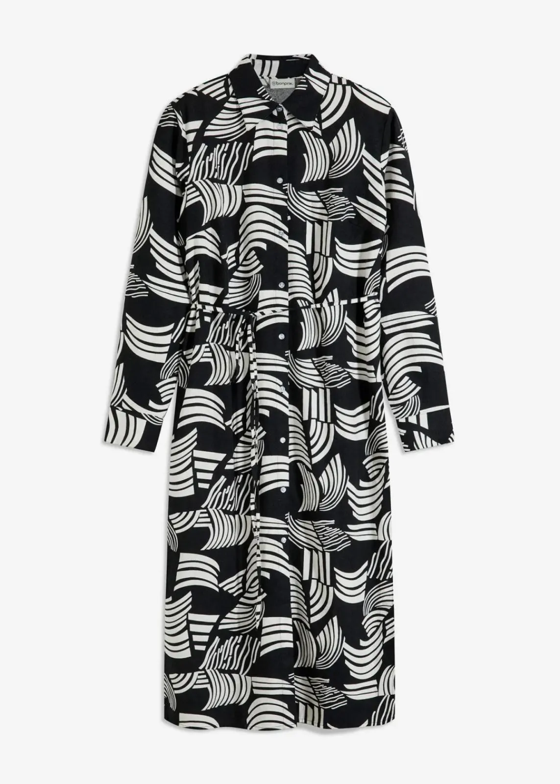 bonprix Bekleidung·Pullover & Strickjacken|Kleider^Blusenkleid aus leichtem Leinen-Mix schwarz/wollweiß graphisch bedruckt