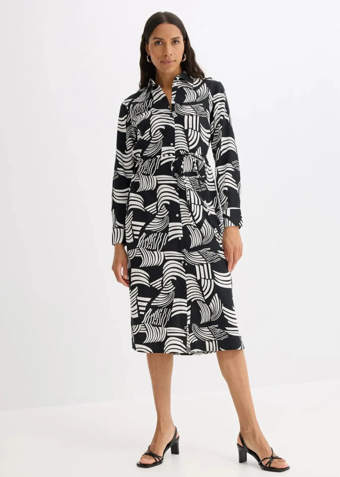 bonprix Bekleidung·Pullover & Strickjacken|Kleider^Blusenkleid aus leichtem Leinen-Mix schwarz/wollweiß graphisch bedruckt
