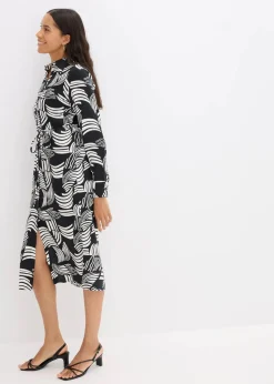 bonprix Bekleidung·Pullover & Strickjacken|Kleider^Blusenkleid aus leichtem Leinen-Mix schwarz/wollweiß graphisch bedruckt