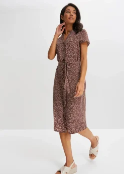 bonprix Bekleidung·Pullover & Strickjacken|Kleider^Blusenkleid mit Pünktchen rauchbraun/weiß gepunktet