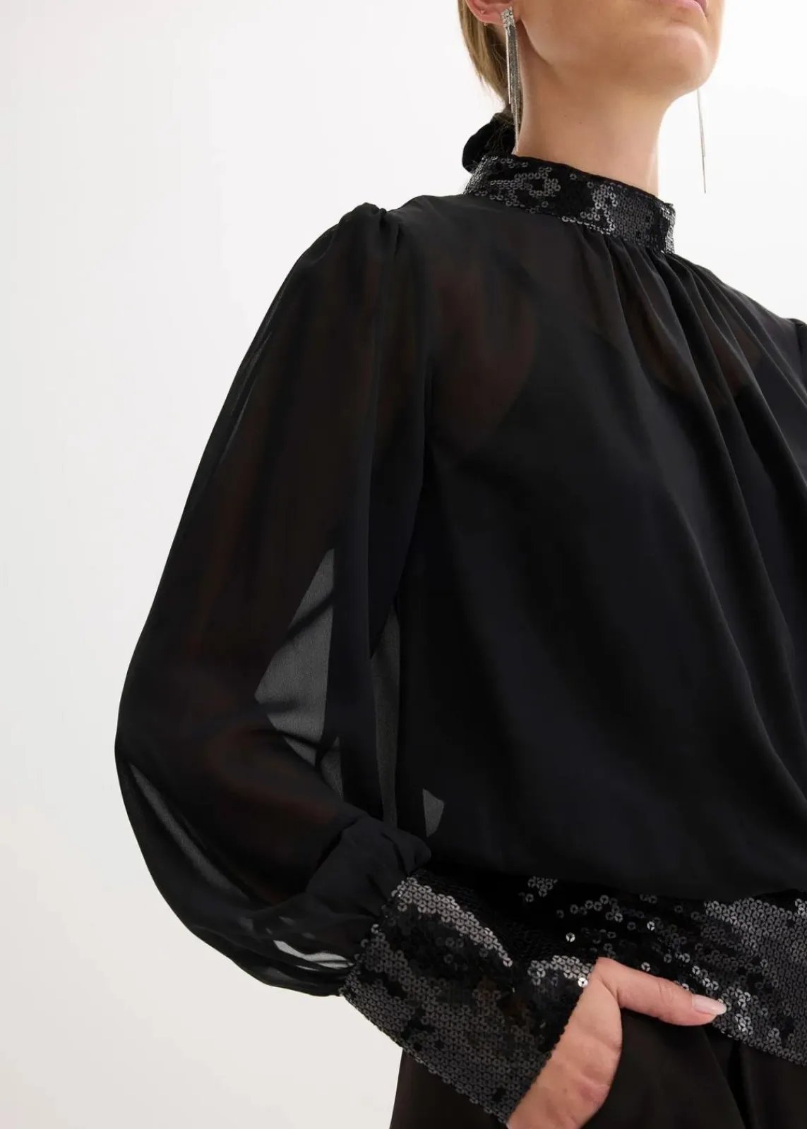 bonprix Bekleidung·Jacken & Mäntel|Festliche Mode^Blusenshirt aus feinem Tüll mit Pailletten schwarz