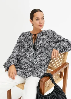 bonprix Blusen & Tuniken|Nachhaltigere Materialien^Blusenshirt aus strukturierter Viskose schwarz/weiß bedruckt