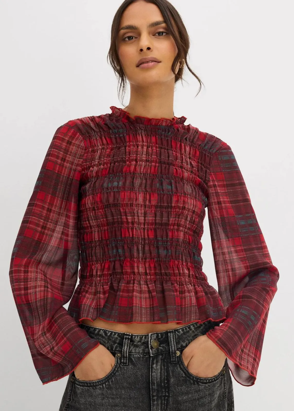 bonprix Blusen & Tuniken^Blusenshirt mit Smokeinsatz rot kariert