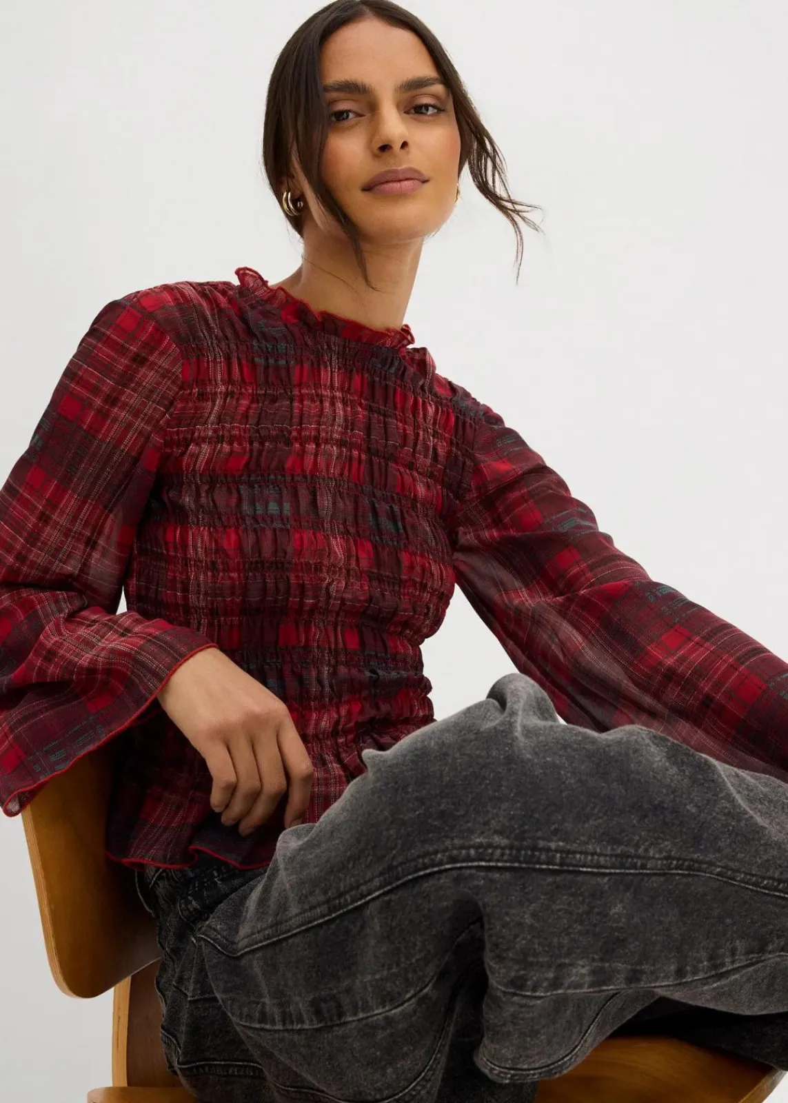 bonprix Blusen & Tuniken^Blusenshirt mit Smokeinsatz rot kariert
