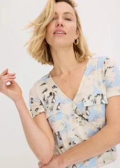 bonprix Shirts & Tops^Body mit Kräuselung puderblau/naturbeige floral