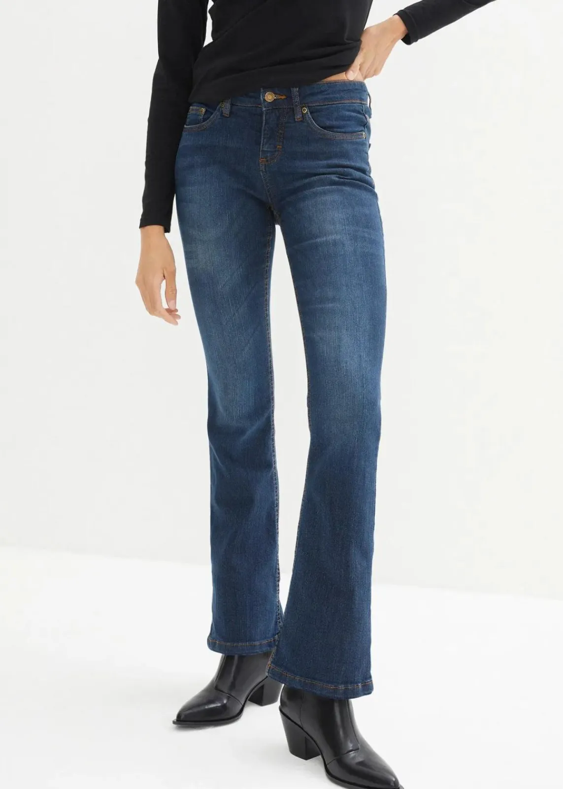 bonprix Jeans|Kurzgrößen^Bootcut Jeans Mid Waist, Stretch dunkelblau used