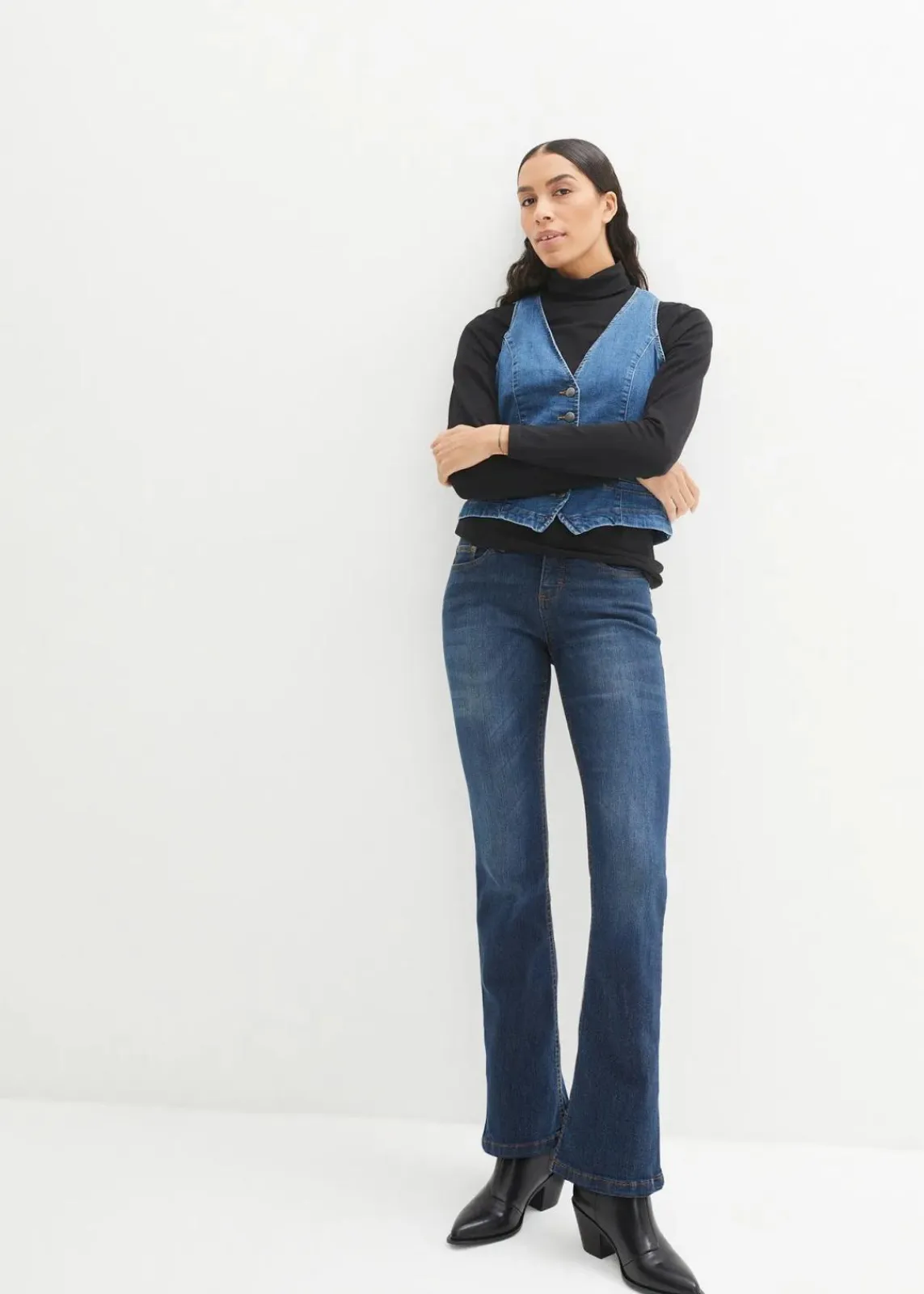 bonprix Jeans|Kurzgrößen^Bootcut Jeans Mid Waist, Stretch dunkelblau used