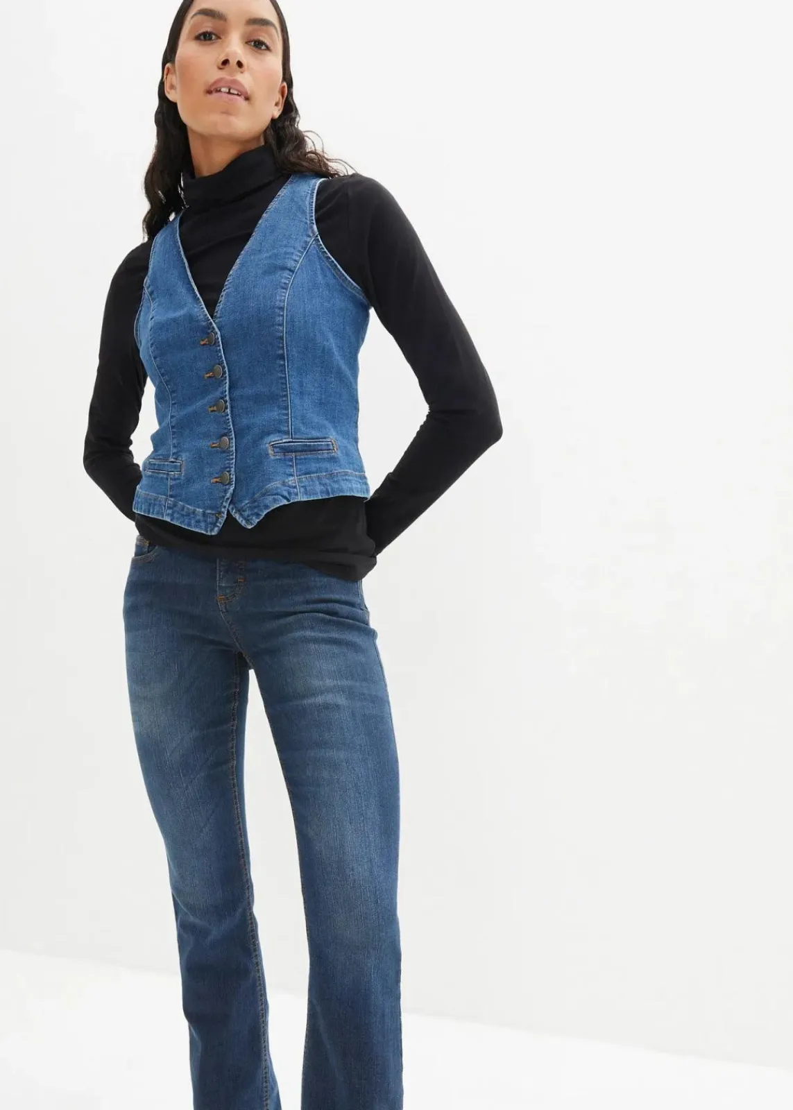 bonprix Jeans|Kurzgrößen^Bootcut Jeans Mid Waist, Stretch dunkelblau used
