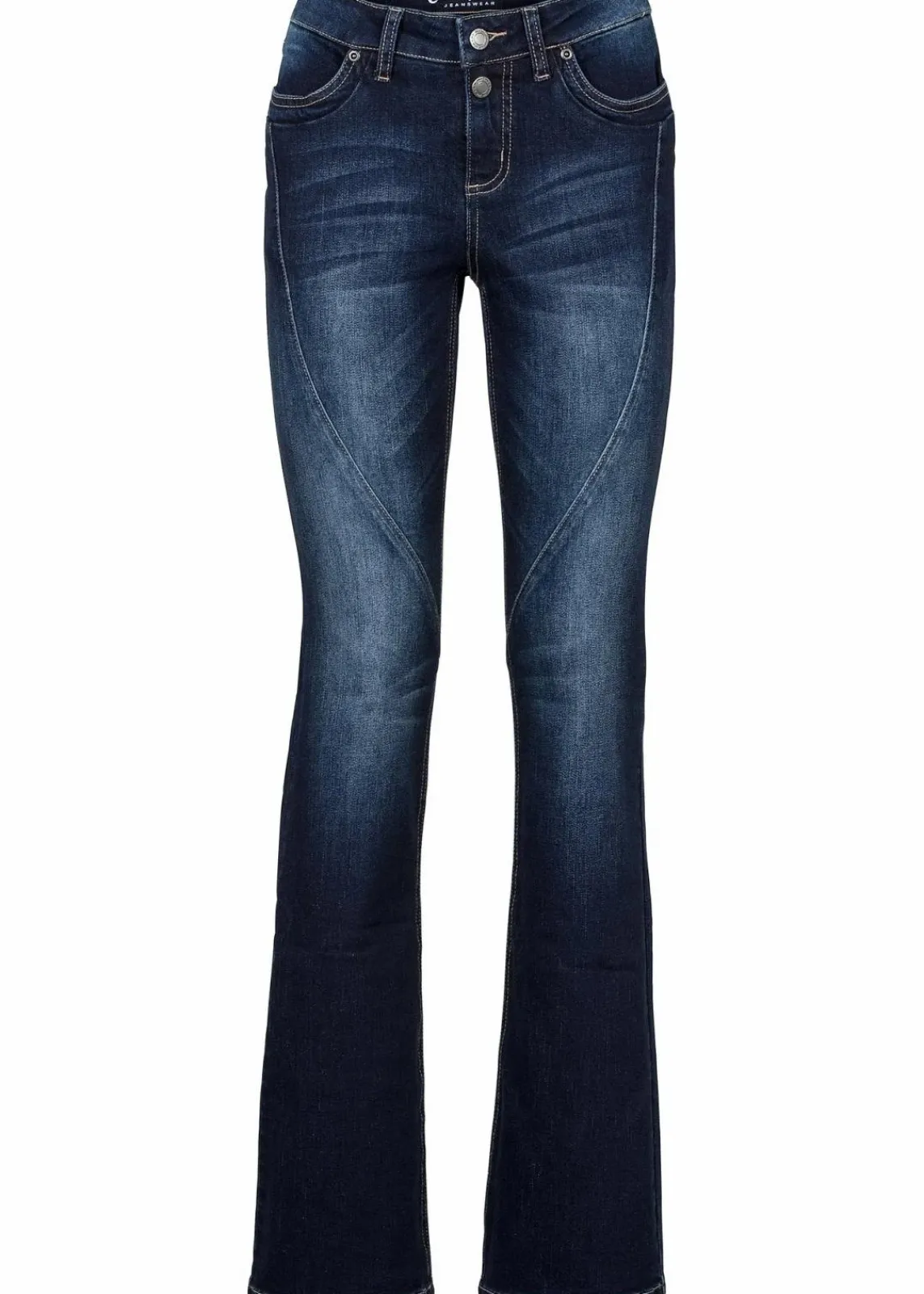 bonprix Kurzgrößen|Bekleidung·Shirts & Tops^Bootcut Jeans Mid Waist, Stretch dunkelblau used