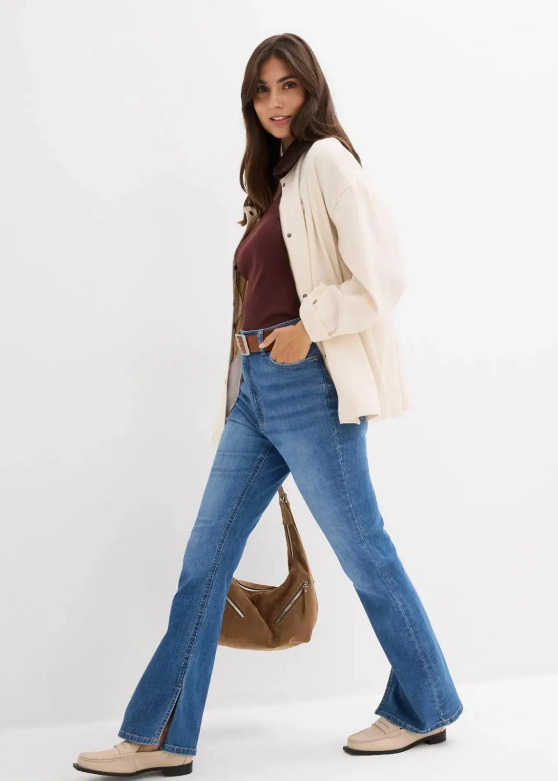 bonprix Bekleidung·Shirts & Tops|Jeans^Bootcut-Jeans High Waist blau denim used