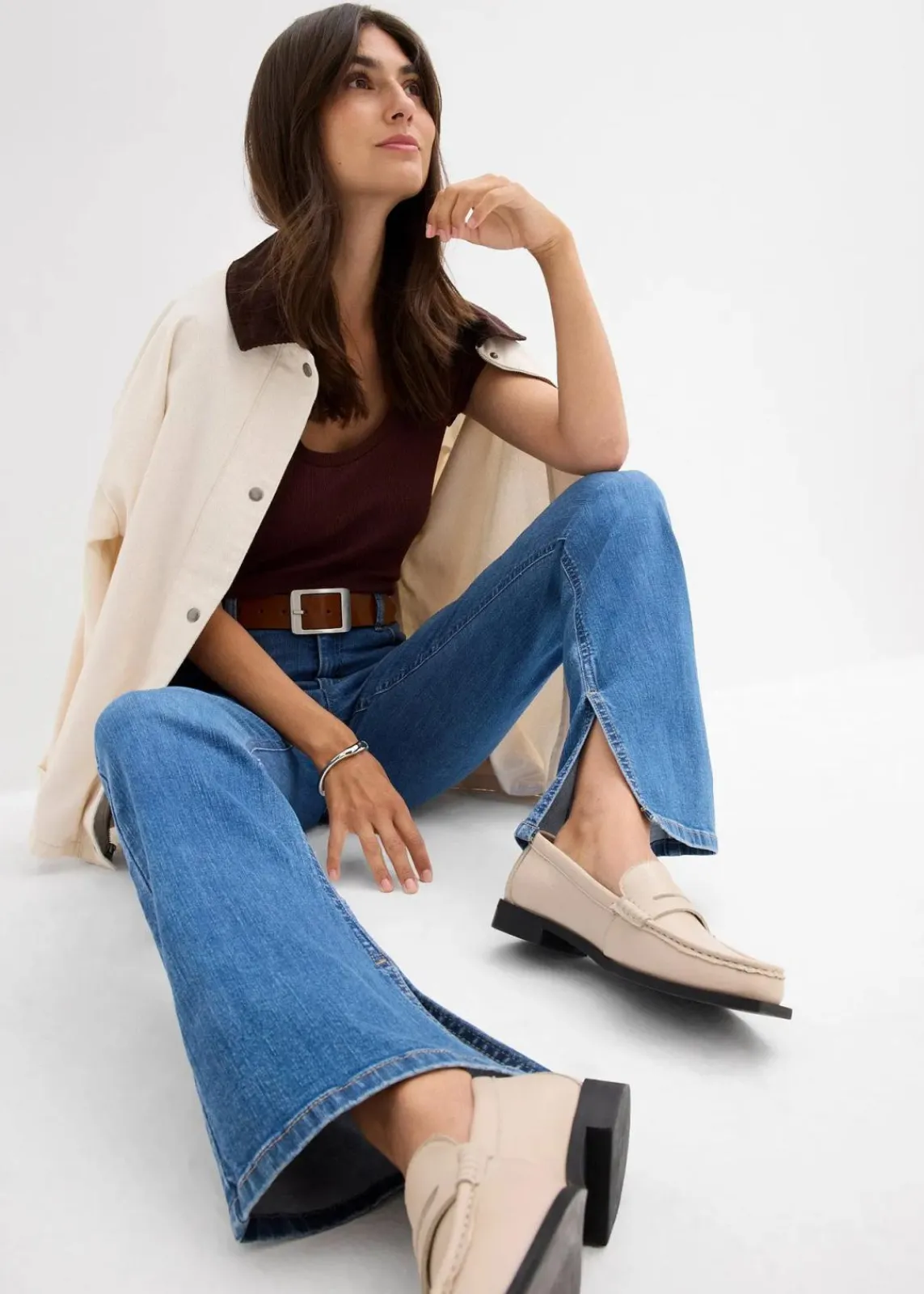 bonprix Bekleidung·Shirts & Tops|Jeans^Bootcut-Jeans High Waist blau denim used
