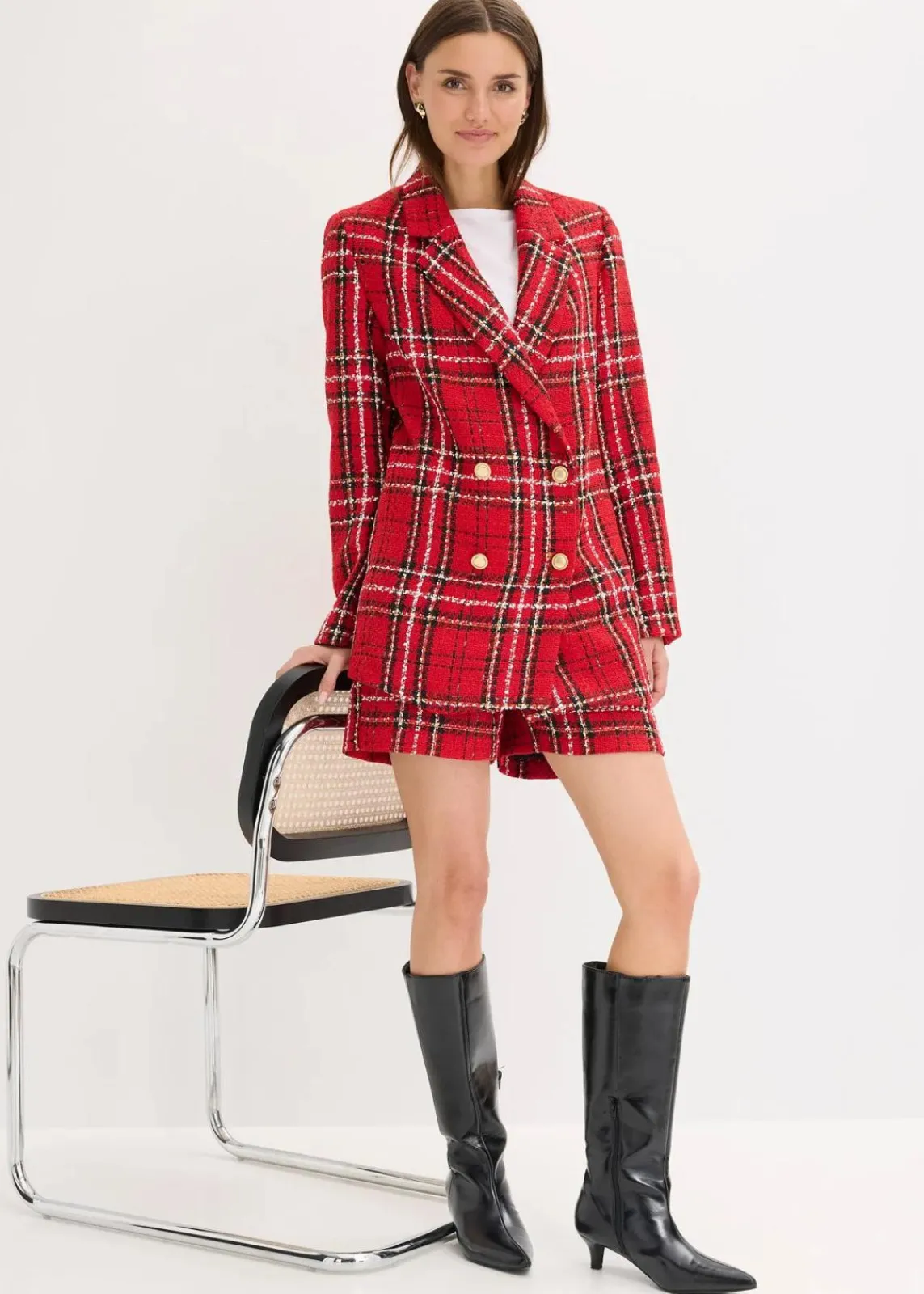 bonprix Bekleidung·Basics|Zweiteiler & Sets^Bouclé-Blazer rot/schwarz kariert