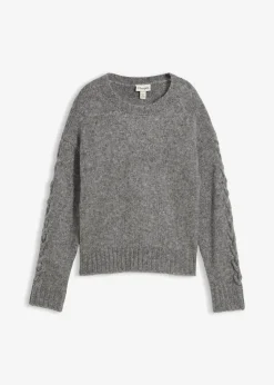 bonprix Bekleidung·Umstandsmode|Bekleidung·Jeans^Boxy-Pullover mit geflochtenen Ärmeln grau meliert